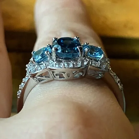 London Blue Topaz White Sapphire Sterling Silver Ring Size 9.75 - Picture 2 of 9
